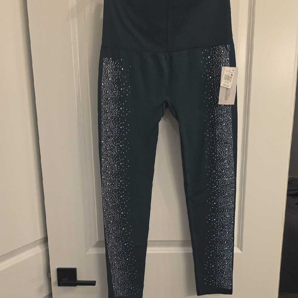 French Laundry Dark Teal Leggings with Silver Dot Side Accents